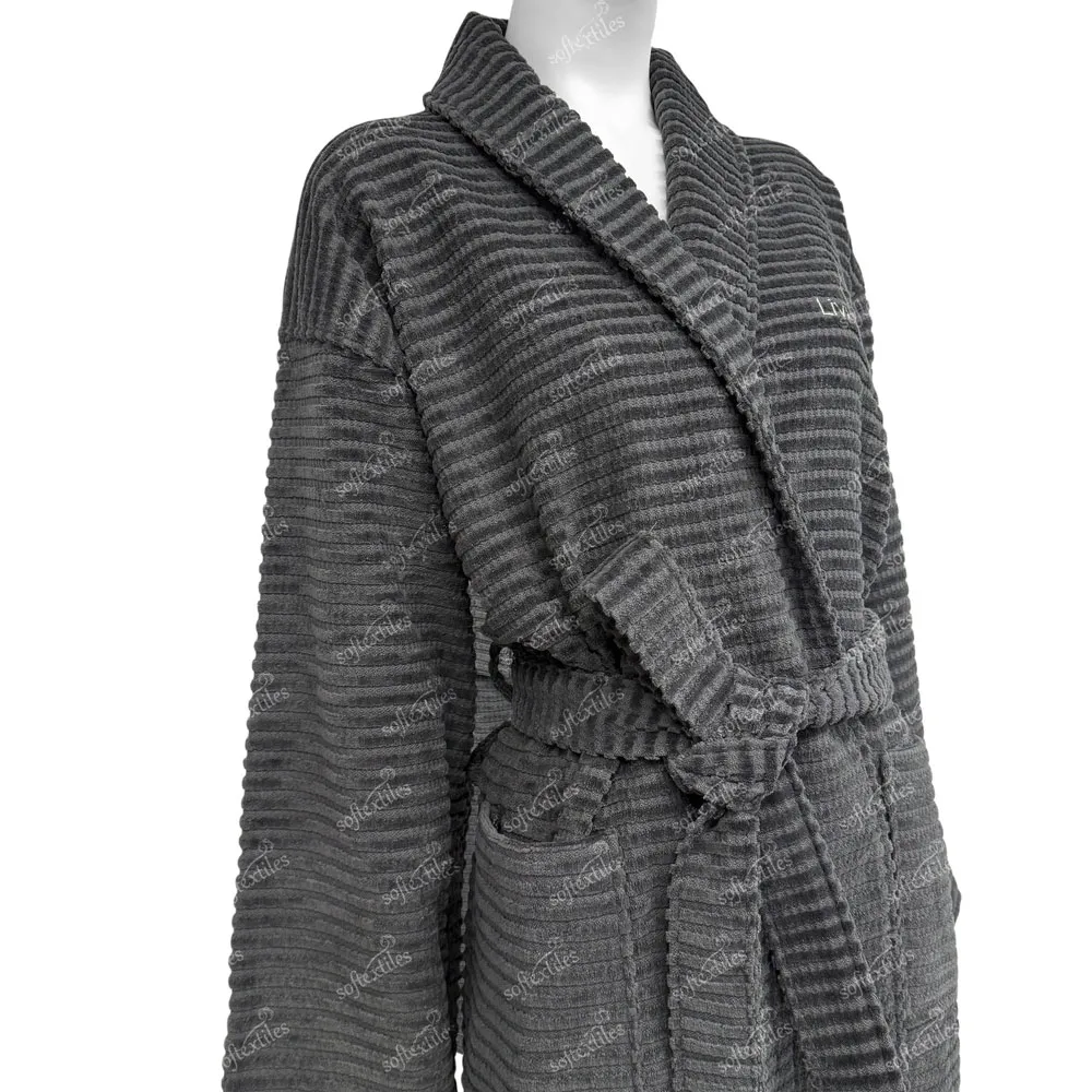 Grey Jacquard Bathrobe - Left Side View, Cotton, Shawl Collar / Embroidered, Charcoal, 300GSM, Image 2