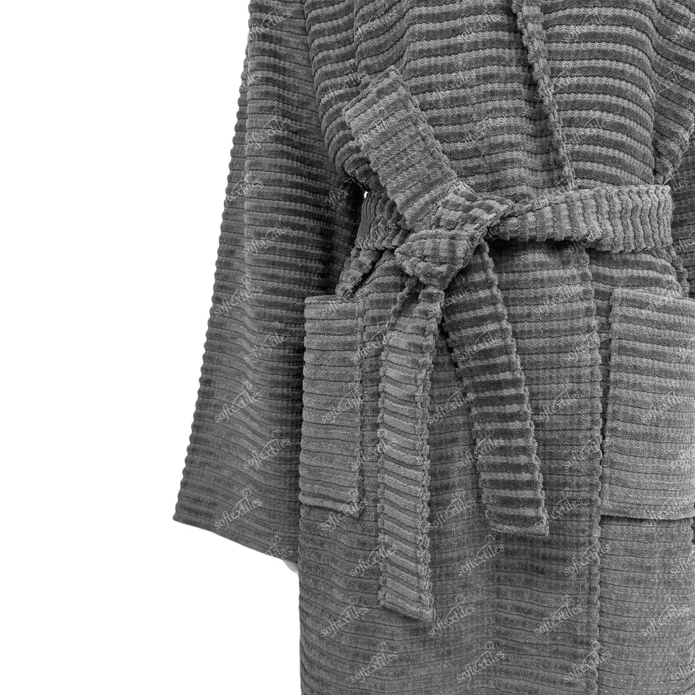 Grey Jacquard Bathrobe - Detail View, Cotton, Shawl Collar / Embroidered, Charcoal, 300GSM, Image 3
