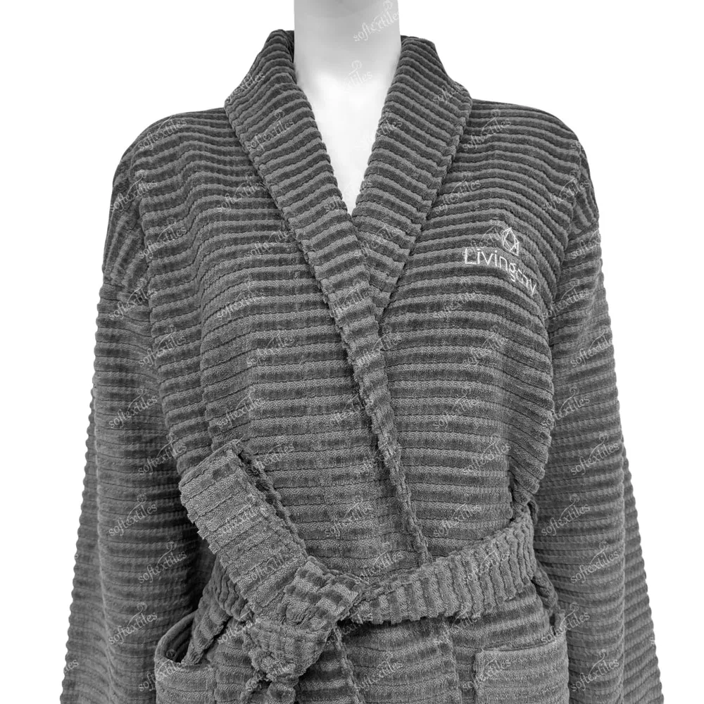 Grey Jacquard Bathrobe - Collar Detail, Cotton, Shawl Collar / Embroidered, Charcoal, 300GSM, Image 4