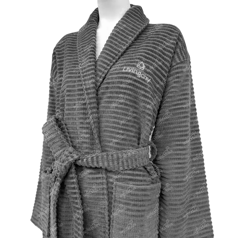 Grey Jacquard Bathrobe - Collar Detail, Cotton, Shawl Collar / Embroidered, Charcoal, 300GSM, Image 5