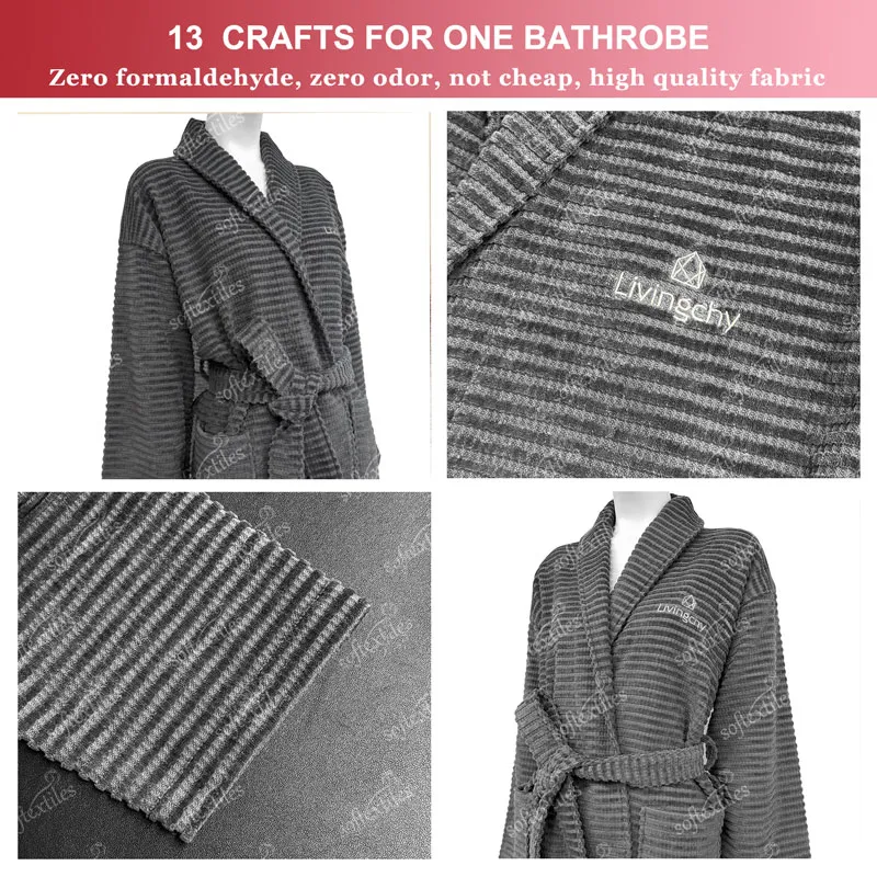 Grey Jacquard Bathrobe - Detail View, Cotton, Shawl Collar / Embroidered, Charcoal, 300GSM, Image 8