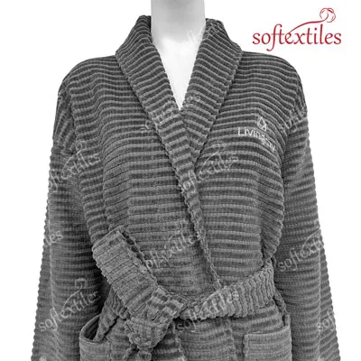 Grey Jacquard Bathrobe - Front View, Cotton, Shawl Collar / Embroidered, Charcoal, 300GSM, Image 9