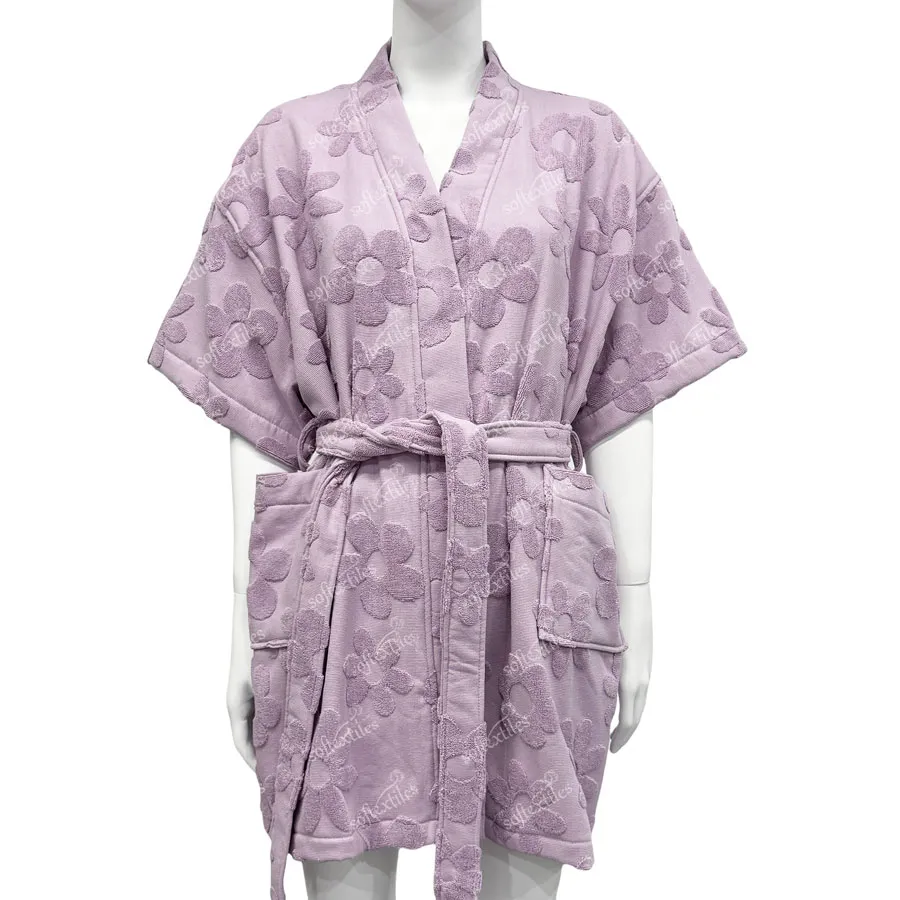 Purple Flower Jacquard bathrobe folded presentation, image 5, showing folded presentation, bulk feel, and merchandising layout.