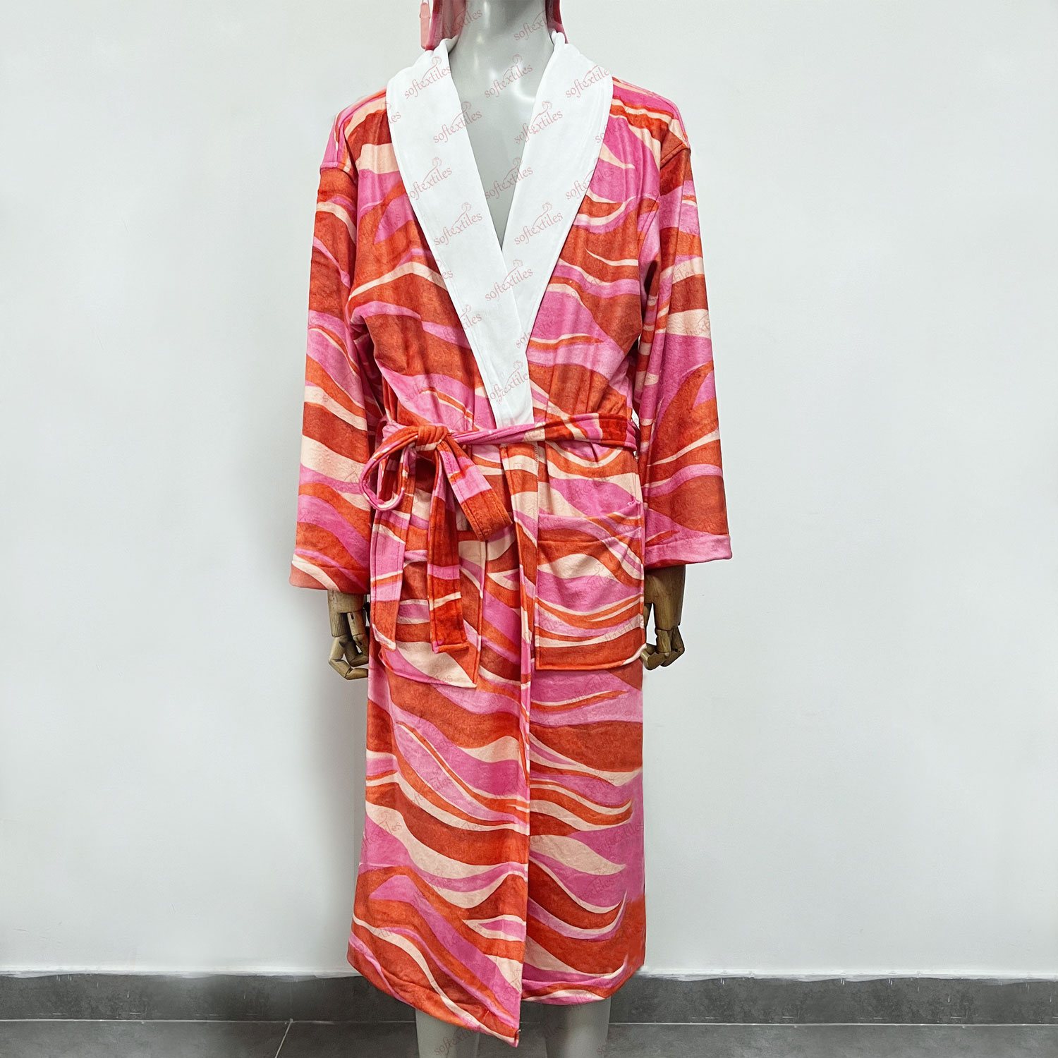 Printed Bathrobe - Front View, Microfiber, Shawl Collar, White, 180GSM, Image 2