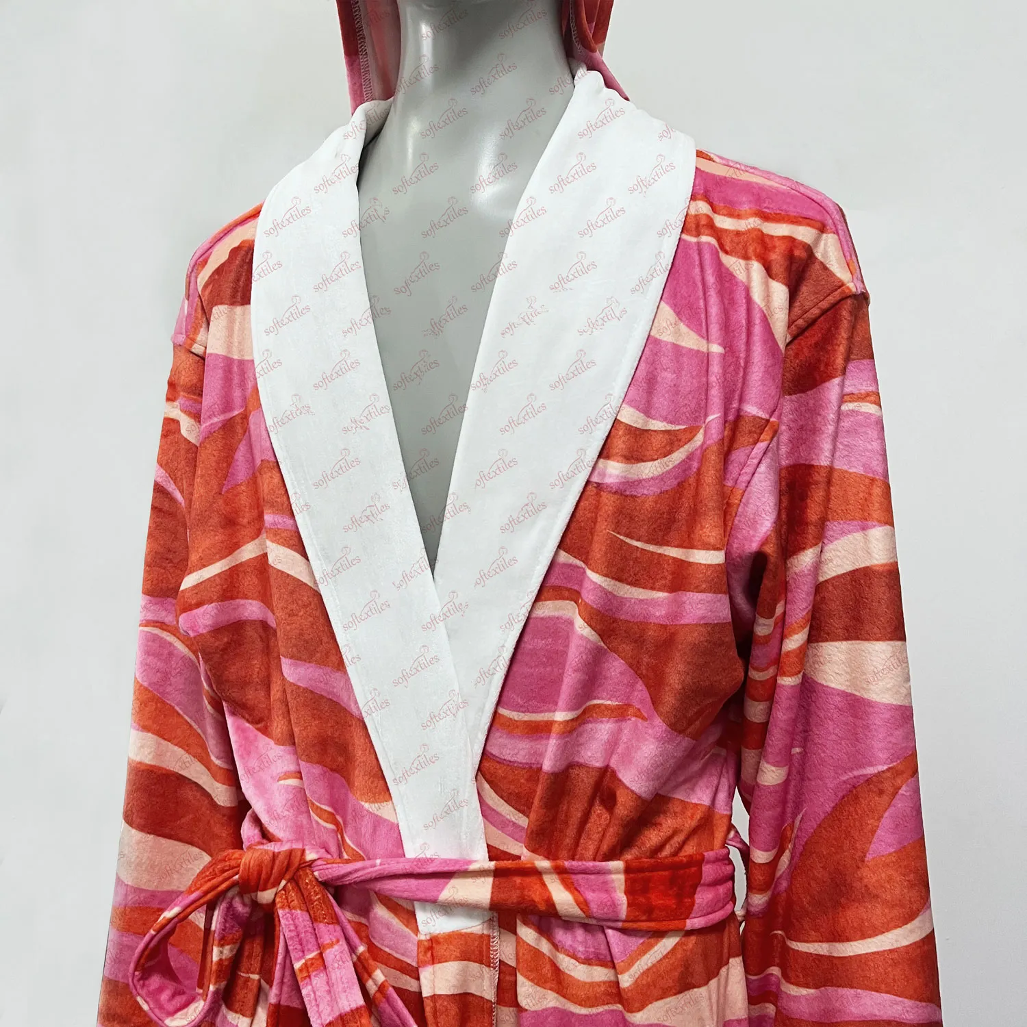 Printed Bathrobe - Detail View, Microfiber, Shawl Collar, White, 180GSM, Image 3