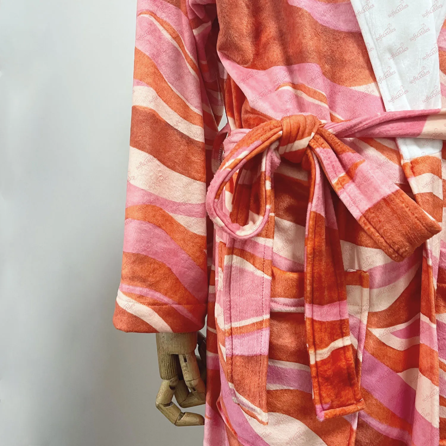 Printed Bathrobe - Detail View, Microfiber, Shawl Collar, White, 180GSM, Image 4