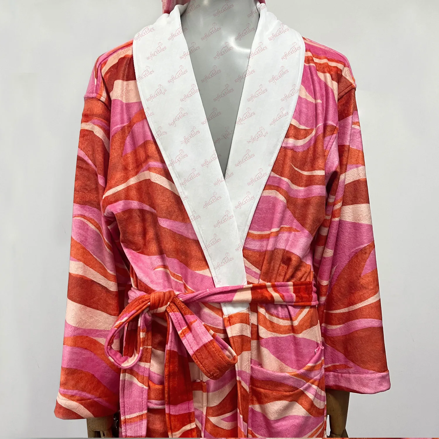 Printed Bathrobe - Detail View, Microfiber, Shawl Collar, White, 180GSM, Image 5