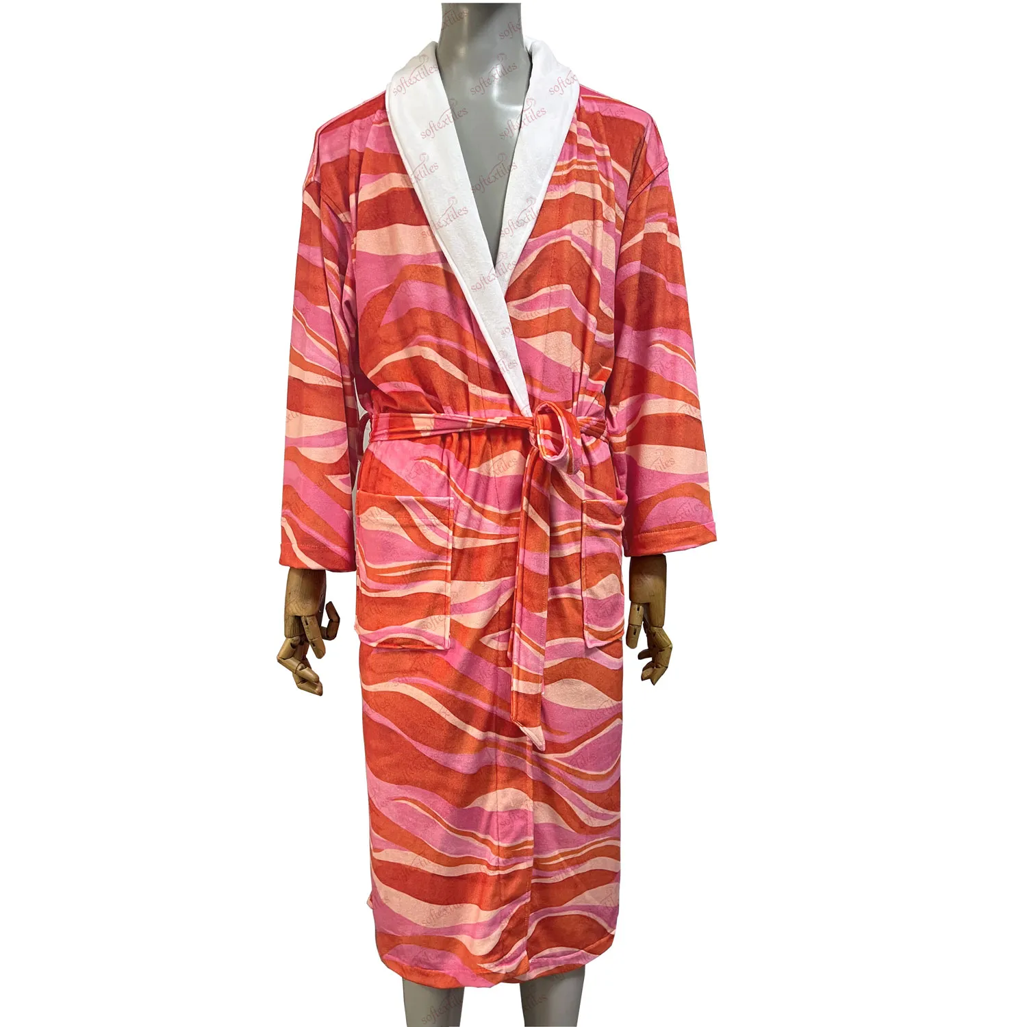 Printed Bathrobe - Front View, Microfiber, Shawl Collar, White, 180GSM, Image 6