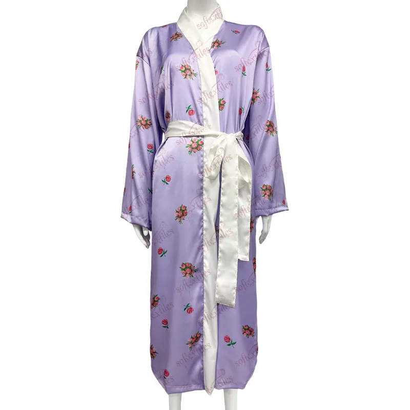 Purple Printed Silk Like Bathrobe - Front View, Silk Like, Shawl Collar, Purple, 100GSM, Image 5