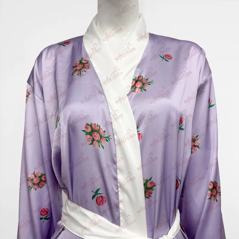 Purple Printed Silk Like Bathrobe - Collar Detail, Silk Like, Shawl Collar, Purple, 100GSM, Image 6