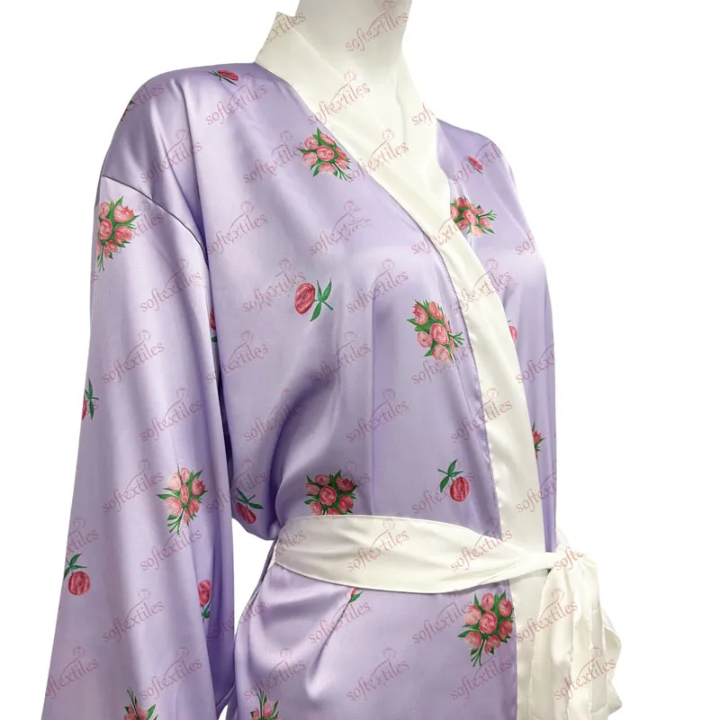 Purple Printed Silk Like Bathrobe - Left Side View, Silk Like, Shawl Collar, Purple, 100GSM, Image 7