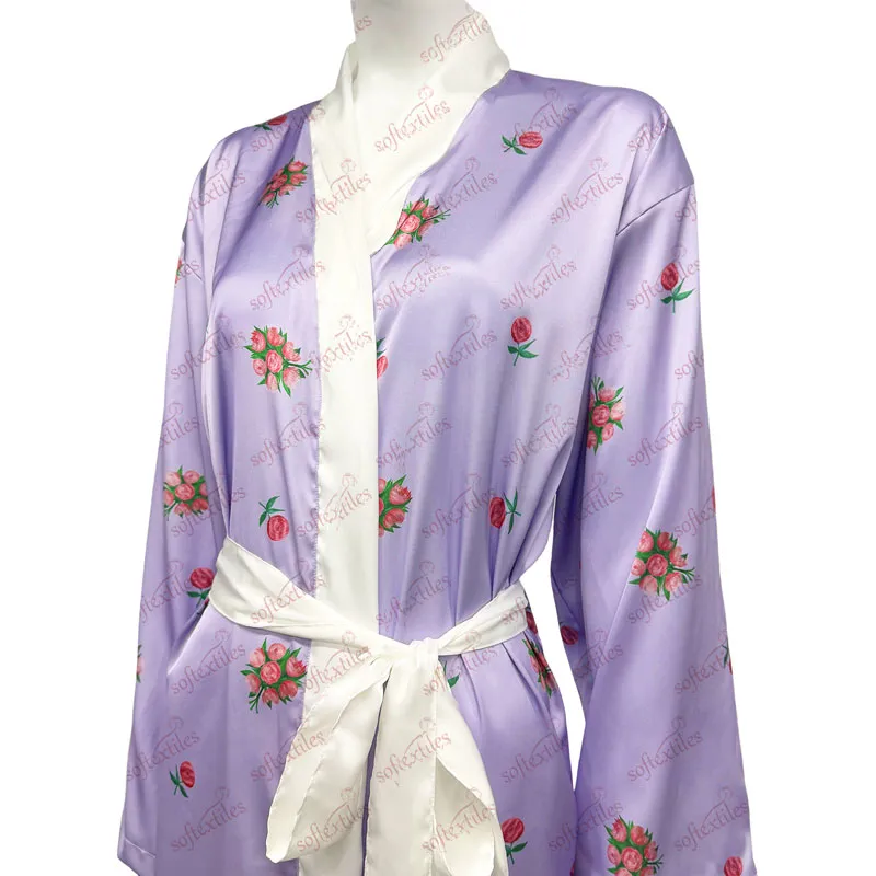Purple Printed Silk Like Bathrobe - Right Side View, Silk Like, Shawl Collar, Purple, 100GSM, Image 8