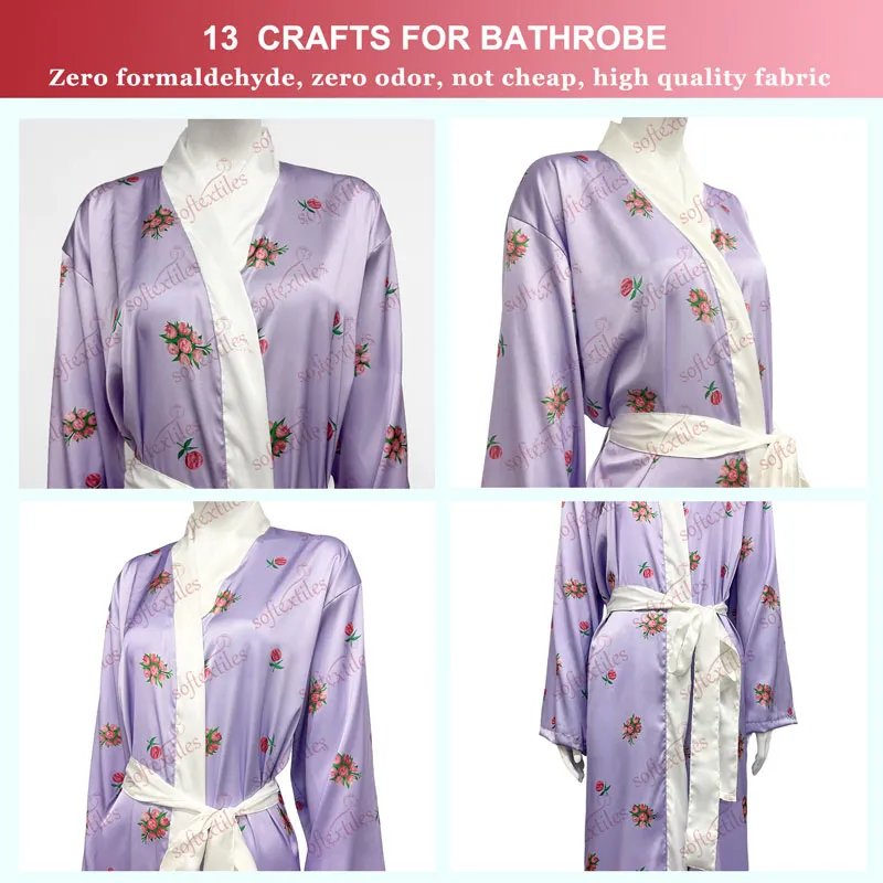 Purple Printed Silk Like Bathrobe - Detail View, Silk Like, Shawl Collar, Purple, 100GSM, Image 9