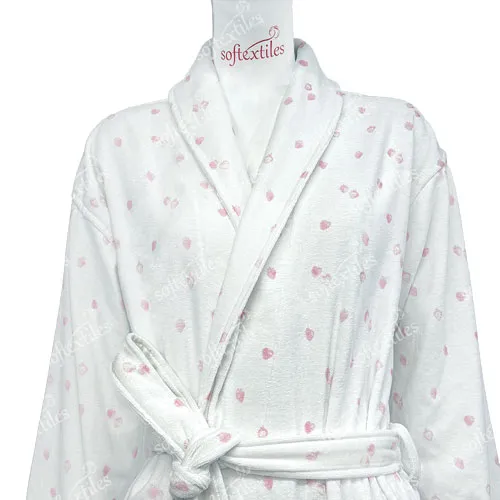 Strawberry Printed Bathrobe - Collar Detail, Cotton, Shawl Collar, White, 180GSM, Image 2