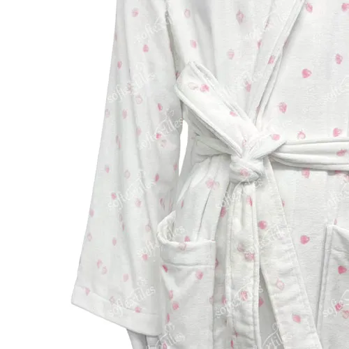Strawberry Printed Bathrobe - Detail View, Cotton, Shawl Collar, White, 180GSM, Image 4