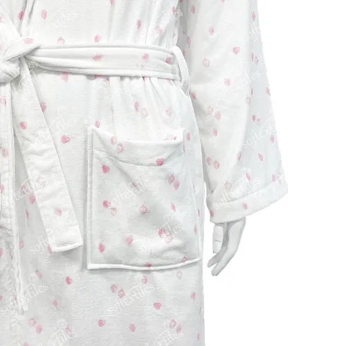 Strawberry Printed Bathrobe - Detail View, Cotton, Shawl Collar, White, 180GSM, Image 5