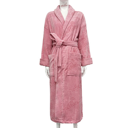 Coral Red Cut Pile Bathrobe - Front View, Cotton, Shawl Collar, Pink, 400GSM, Image 1