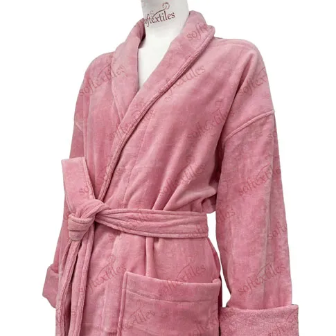 Coral Red Cut Pile Bathrobe - Right Side View, Cotton, Shawl Collar, Pink, 400GSM, Image 2