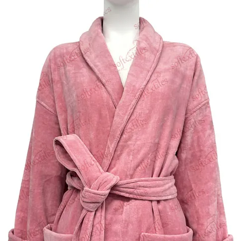 Coral Red Cut Pile Bathrobe - Front View, Cotton, Shawl Collar, Pink, 400GSM, Image 13