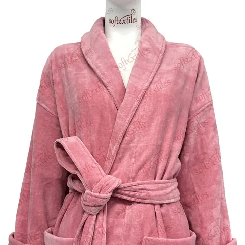 Coral Red Cut Pile Bathrobe - Collar Detail, Cotton, Shawl Collar, Pink, 400GSM, Image 3