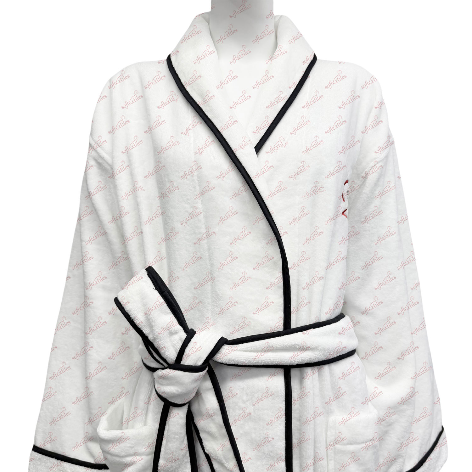 Flowerpot Bathrobe - Front View, Cotton, Shawl Collar / Piped Trim, White, 400GSM, Image 1