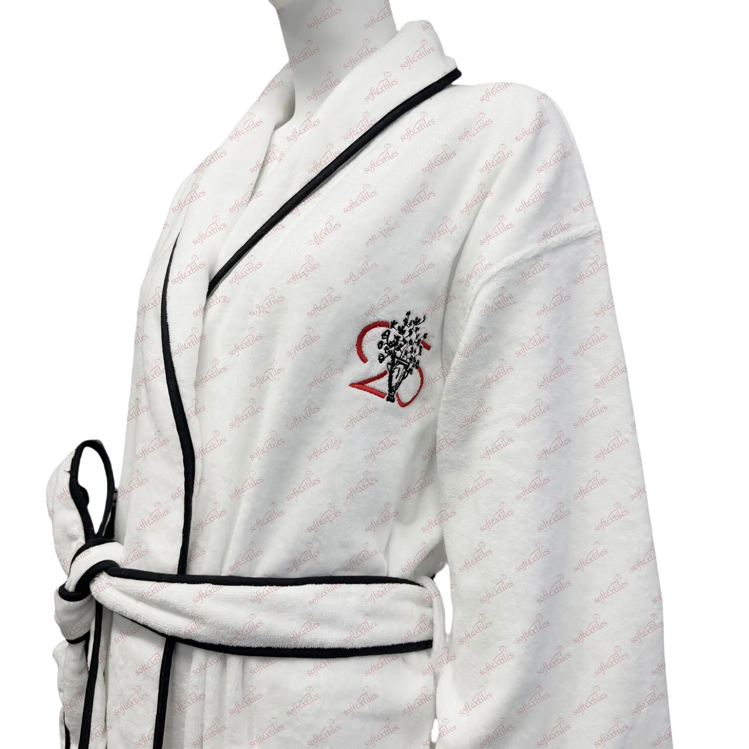 Flowerpot Bathrobe - Right Side View, Cotton, Shawl Collar / Piped Trim, White, 400GSM, Image 2