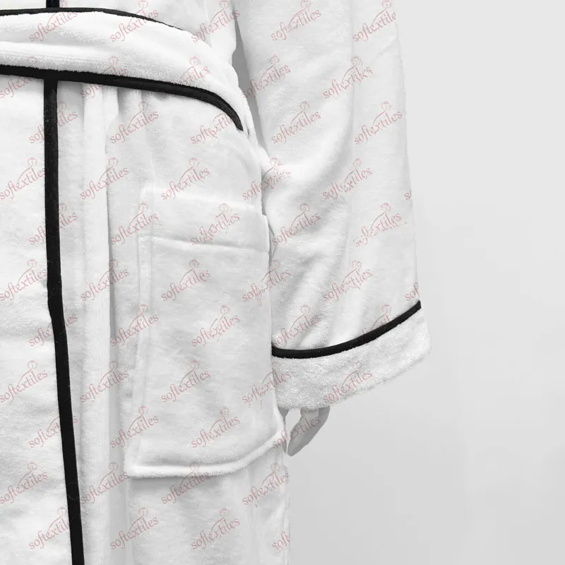 Flowerpot Bathrobe - Detail View, Cotton, Shawl Collar / Piped Trim, White, 400GSM, Image 3