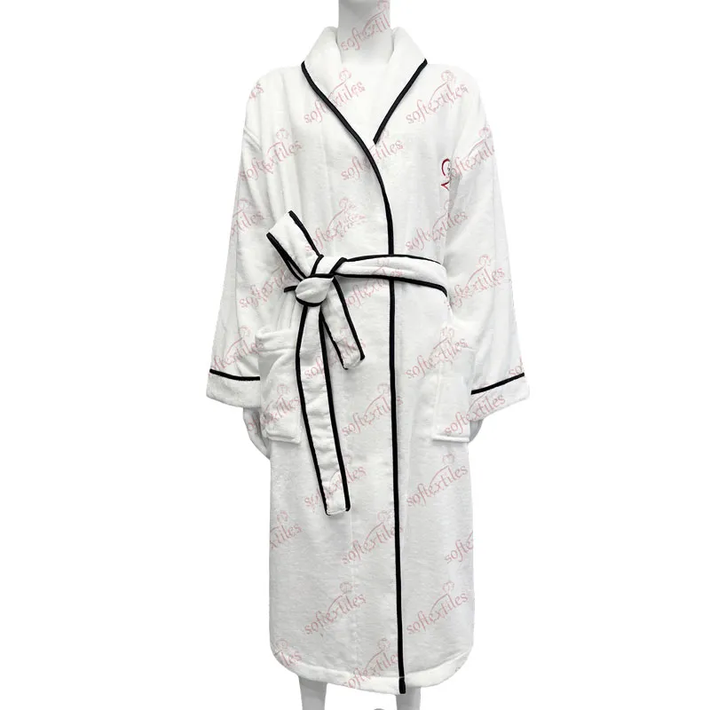 Flowerpot Bathrobe - Front View, Cotton, Shawl Collar / Piped Trim, White, 400GSM, Image 5
