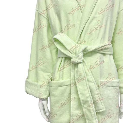 Green Cut Pile Bathrobe - Detail View, Cotton, Shawl Collar, Green, 400GSM, Image 4