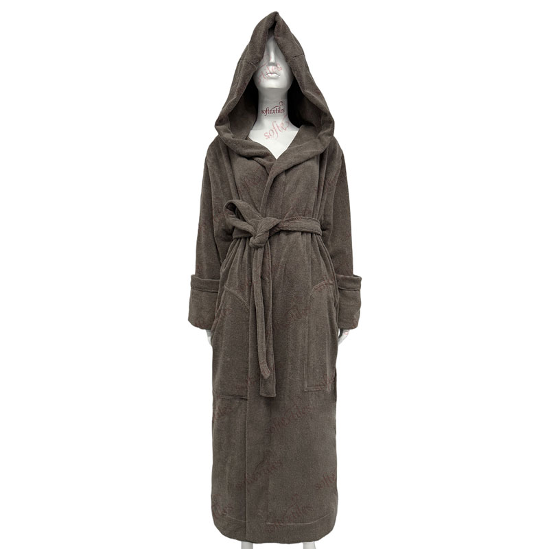 Coffee Brown Pure Cotton Terry Long Hooded Bathrobe - Front View, Cotton, Hooded, Grey, 300GSM, Image 1