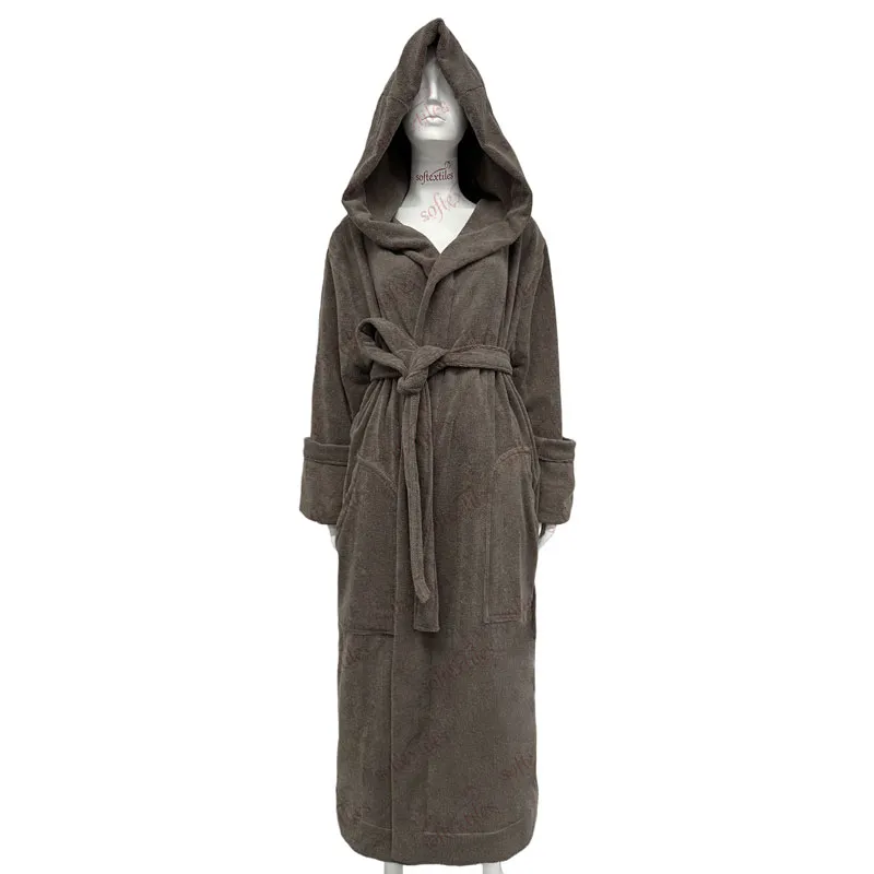 coffee brown Pure cotton terry Long Hooded bathrobe hero view, image 1, showing robe silhouette, fit impression, and overall styling.