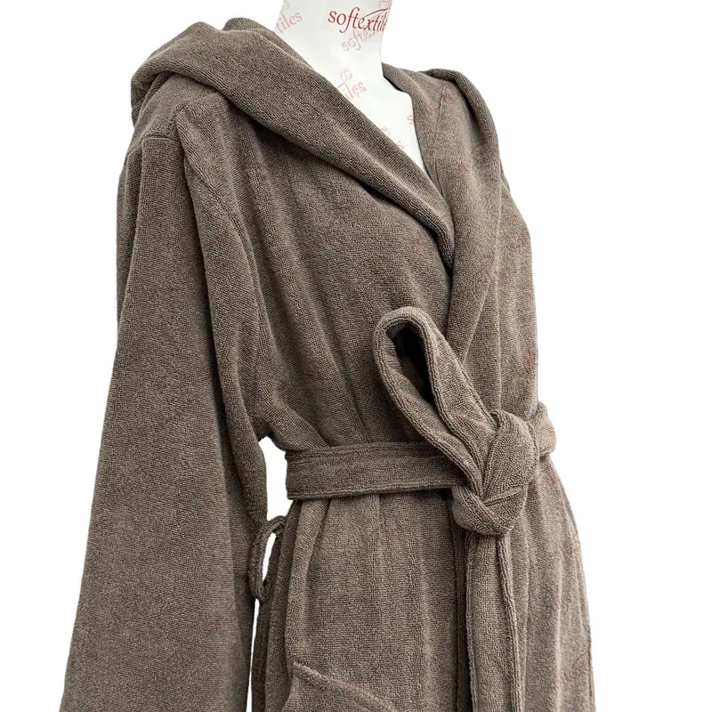 Coffee Brown Pure Cotton Terry Long Hooded Bathrobe - Left Side View, Cotton, Hooded, Grey, 300GSM, Image 2