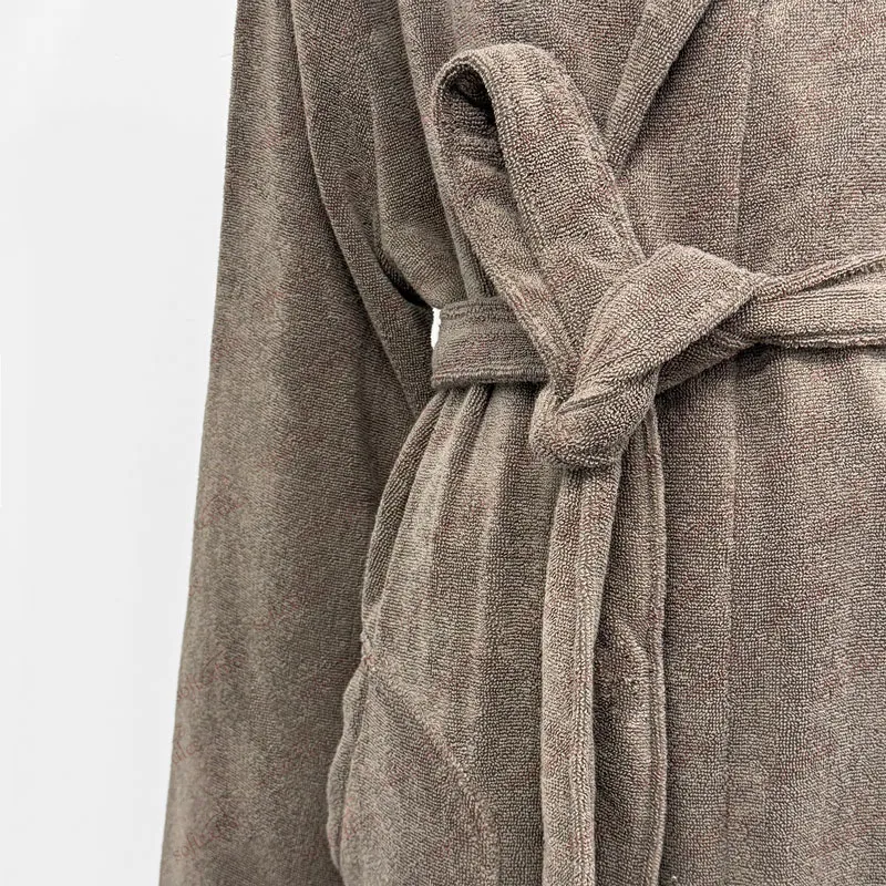 Coffee Brown Pure Cotton Terry Long Hooded Bathrobe - Detail View, Cotton, Hooded, Grey, 300GSM, Image 3