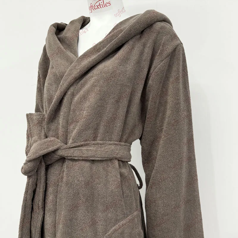 Coffee Brown Pure Cotton Terry Long Hooded Bathrobe - Right Side View, Cotton, Hooded, Grey, 300GSM, Image 4