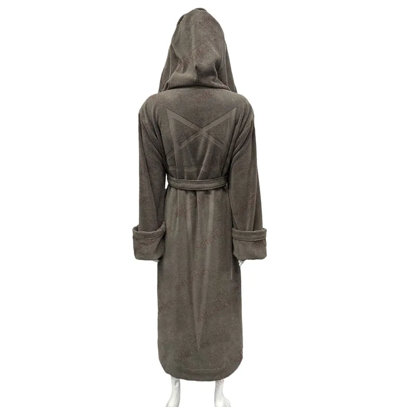 Coffee Brown Pure Cotton Terry Long Hooded Bathrobe - Back View, Cotton, Hooded, Grey, 300GSM, Image 5