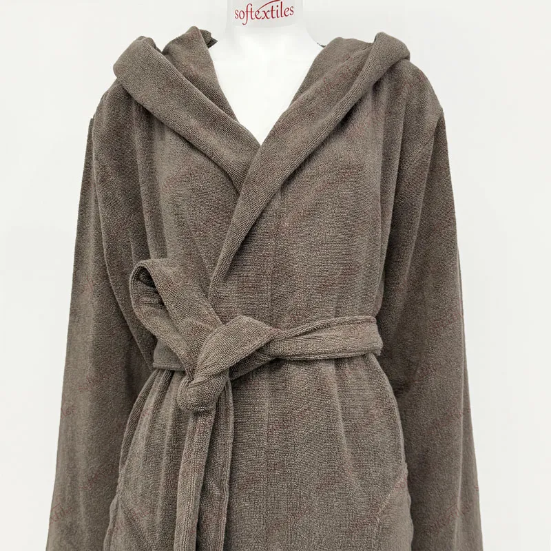 Coffee Brown Pure Cotton Terry Long Hooded Bathrobe - Front View, Cotton, Hooded, Grey, 300GSM, Image 6
