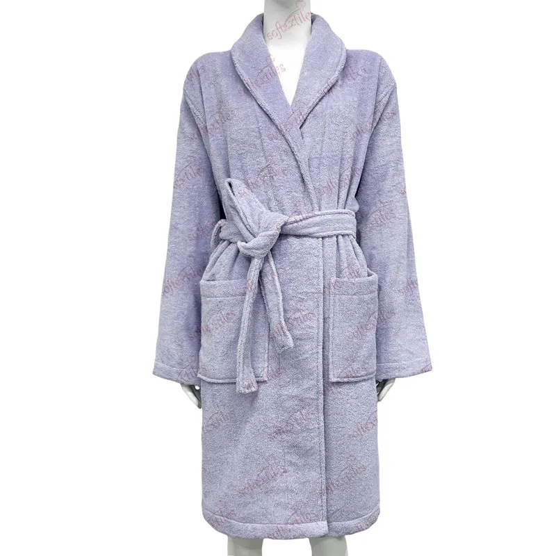 Purple Terry Bathrobe - Front View, Bamboo, Shawl Collar / Piped Trim, Purple, 350GSM, Image 1