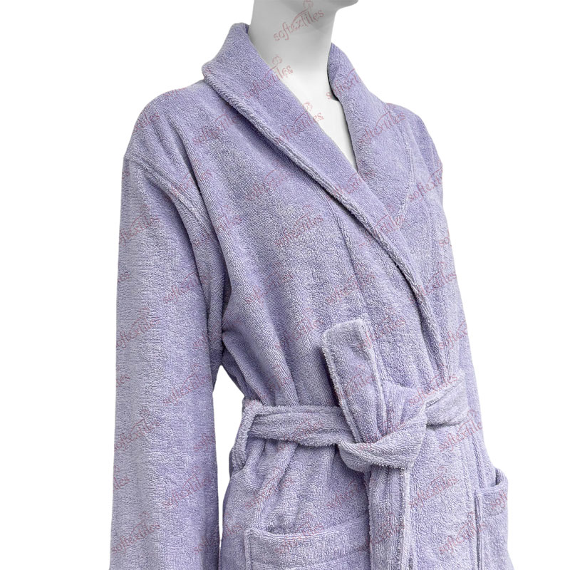 Purple Terry Bathrobe - Three-Quarter Front View, Bamboo, Shawl Collar / Piped Trim, Purple, 350GSM, Image 2
