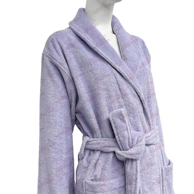 Purple Terry bathrobe texture review, image 2, showing fabric texture, absorbency cues, and surface handfeel.