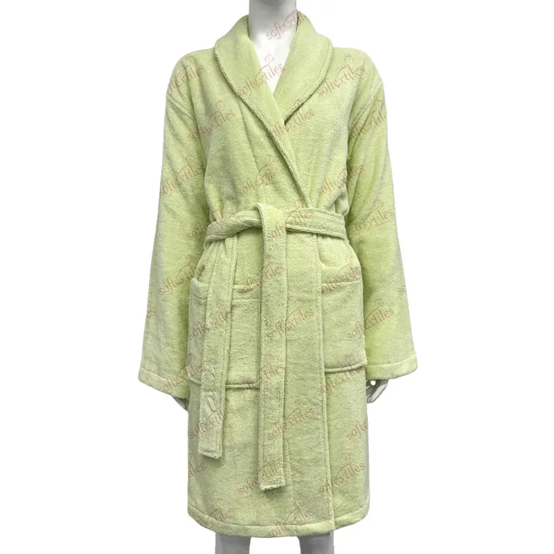 Green Terry Bathrobe - Front View, Bamboo, Shawl Collar / Piped Trim, Cyan, 350GSM, Image 1