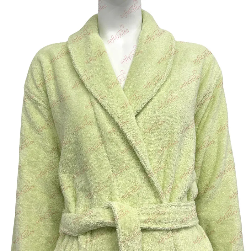 Green Terry Bathrobe - Front View, Bamboo, Shawl Collar / Piped Trim, Cyan, 350GSM, Image 2