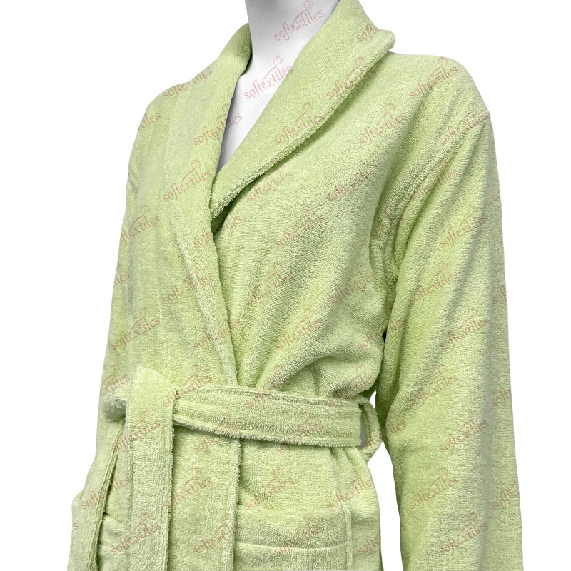 Green Terry Bathrobe - Three-Quarter Front View, Bamboo, Shawl Collar / Piped Trim, Cyan, 350GSM, Image 3