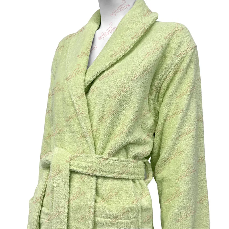 Green Terry bathrobe collar reference, image 3, showing collar shape, neckline finishing, and edge construction.