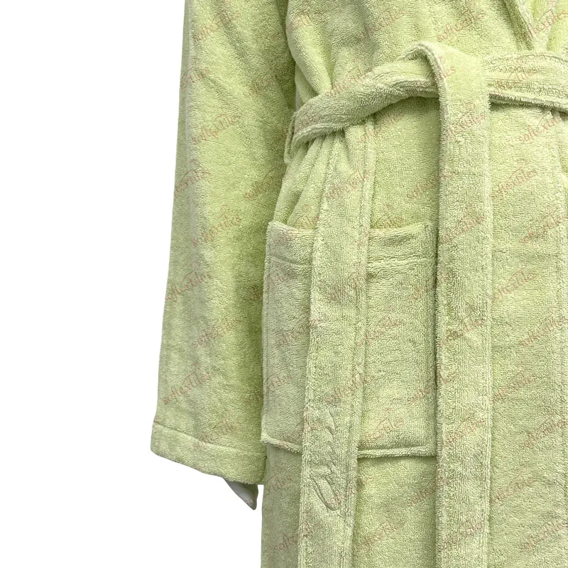 Green Terry Bathrobe - Detail View, Bamboo, Shawl Collar / Piped Trim, Cyan, 350GSM, Image 4