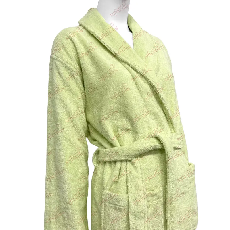 Green Terry Bathrobe - Three-Quarter Front View, Bamboo, Shawl Collar / Piped Trim, Cyan, 350GSM, Image 5