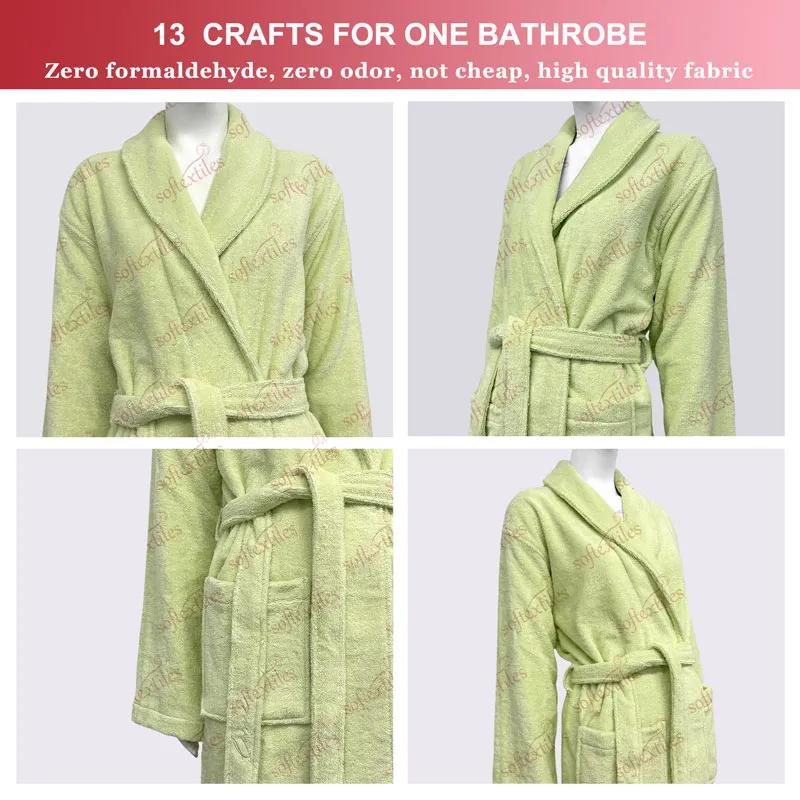 Green Terry Bathrobe - Flat Lay, Bamboo, Shawl Collar / Piped Trim, Cyan, 350GSM, Image 7