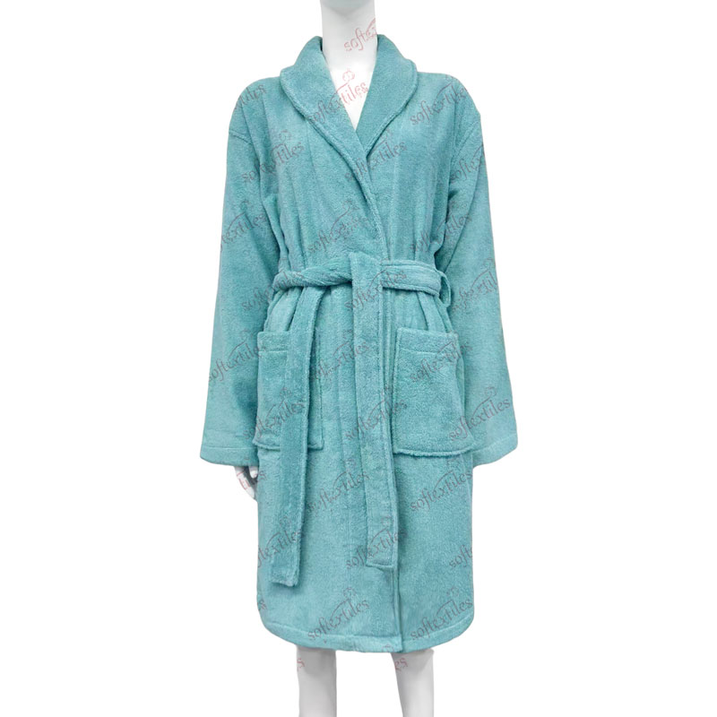 Malachite Green Terry Bathrobe - Front View, Cotton, Shawl Collar / Piped Trim, Peacock Green, 350GSM, Image 1