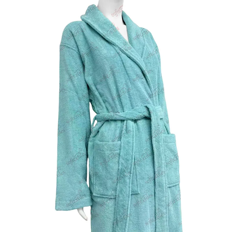 Malachite Green Terry Bathrobe - Left Side View, Cotton, Shawl Collar / Piped Trim, Peacock Green, 350GSM, Image 3