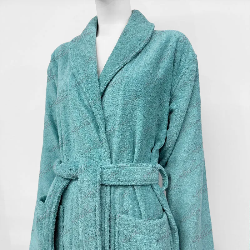 Malachite Green Terry Bathrobe - Right Side View, Cotton, Shawl Collar / Piped Trim, Peacock Green, 350GSM, Image 5
