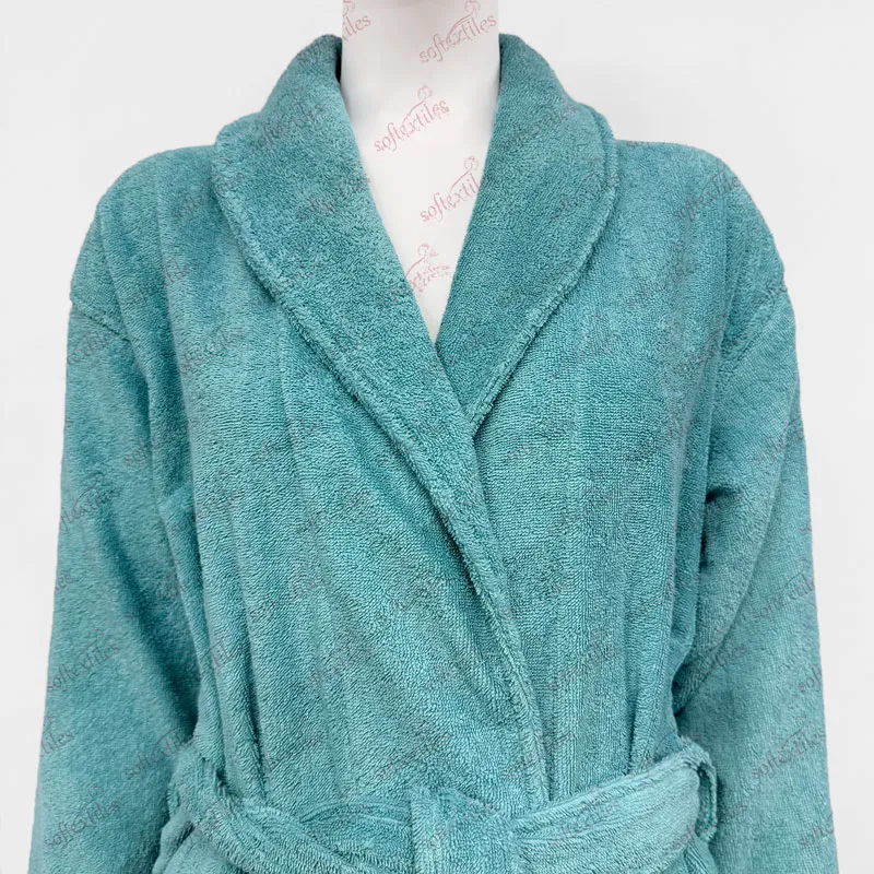 Malachite Green Terry Bathrobe - Collar Detail, Cotton, Shawl Collar / Piped Trim, Peacock Green, 350GSM, Image 6